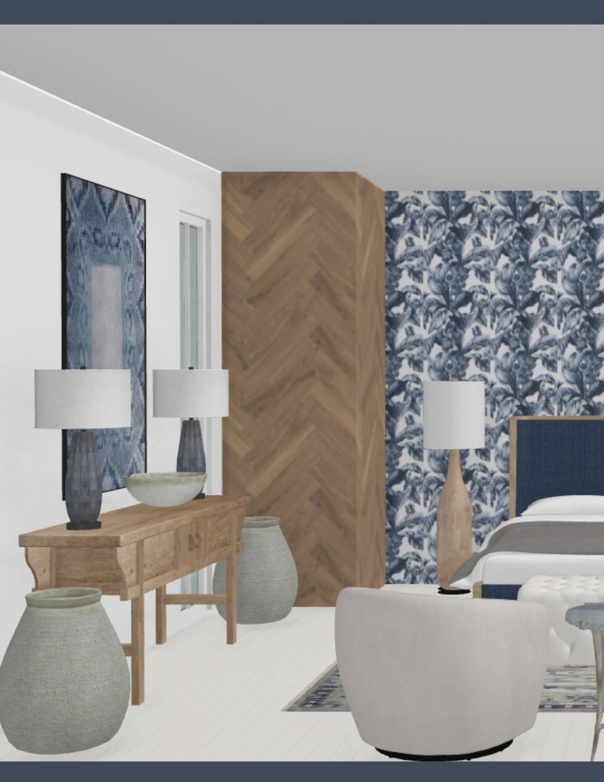 Primary Bedroom Concept, a 3D visualization by Simoni Santamarina Studio